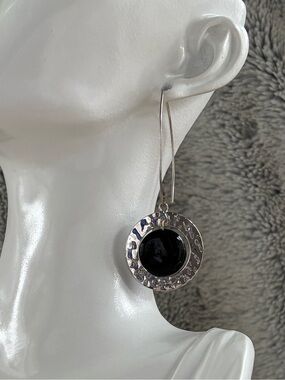 Vintage Dominique Dinouart Sterling Silver Onyx Hammered Earrings